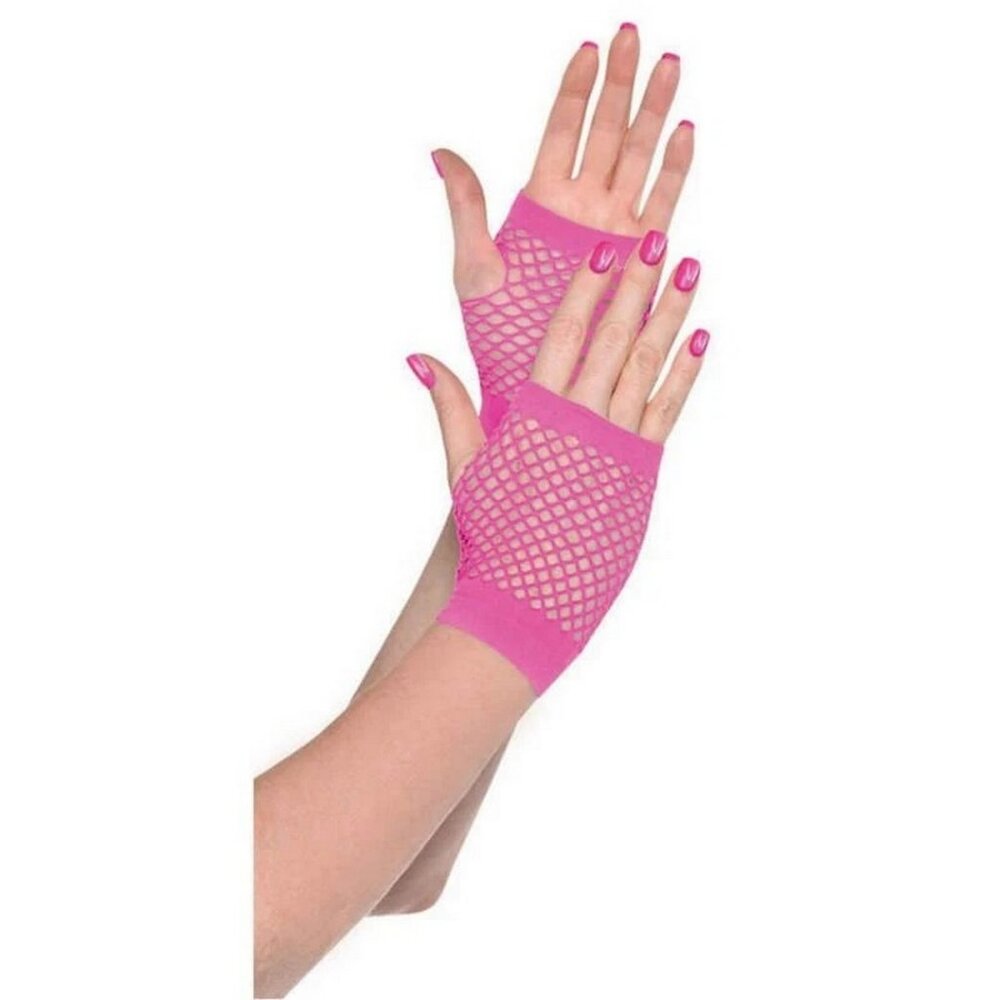 Pink Fishnet Fingerless Short Gloves Costume Accessories Fancy Dress Up Cosplay